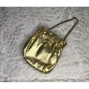 Vintage Gold Metallic Pouch Evening Bag Ruffle Top Bronze Chain Kiss Lock Clutch